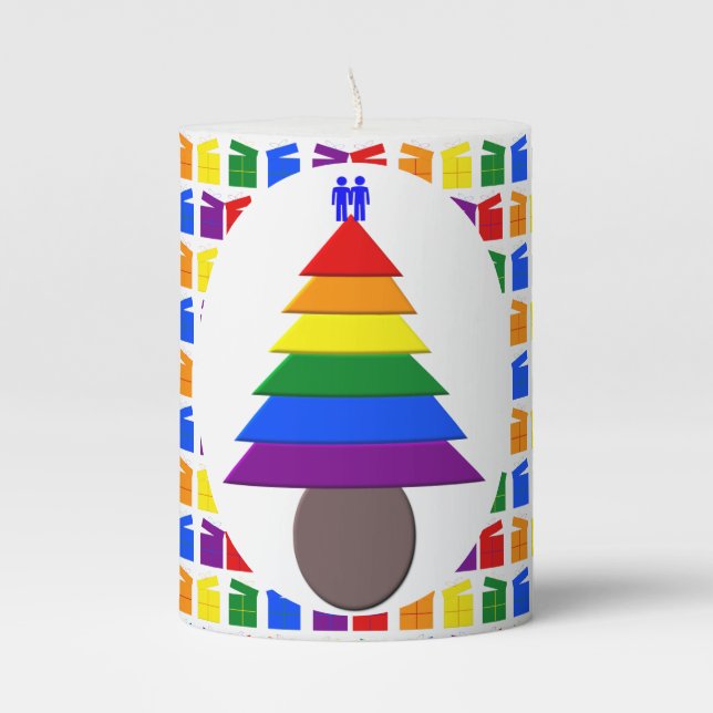 Gay Men Rainbow Christmas Tree and Presents Pillar Candle (Front)