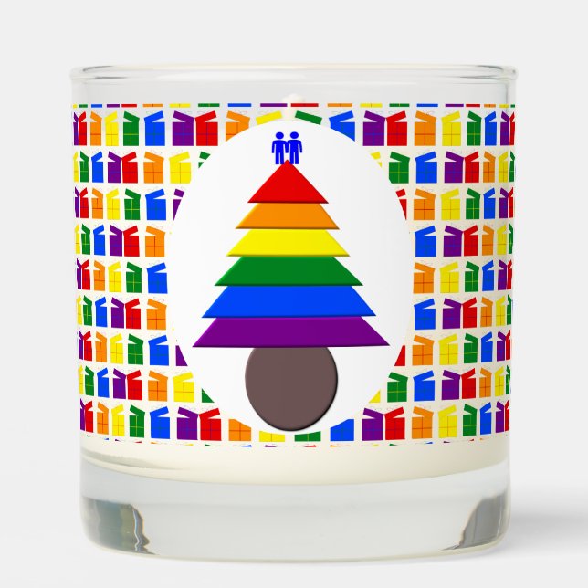 Gay Men Rainbow Christmas Tree and Presents Scented Candle (Front)