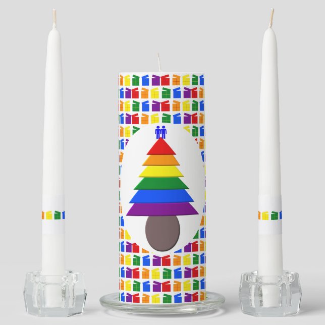 Gay Men Rainbow Christmas Tree and Presents Unity Candle Set (Front)