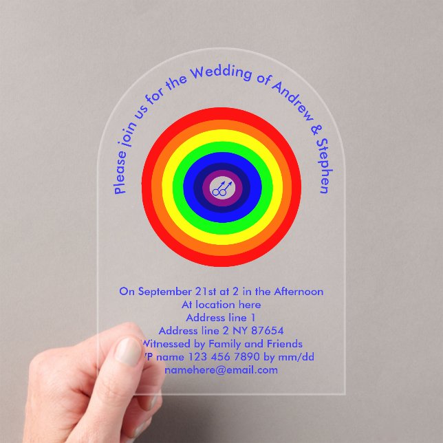 Gay Men Round Rainbow Custom Wedding Acrylic Invitations (Insitu (Handheld))