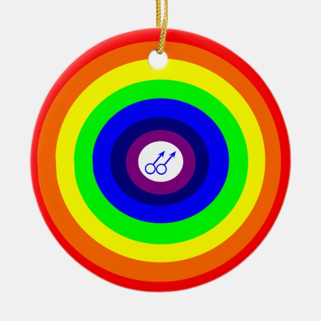Gay Men Round Rainbow Pendant Ceramic Ornament (Front)