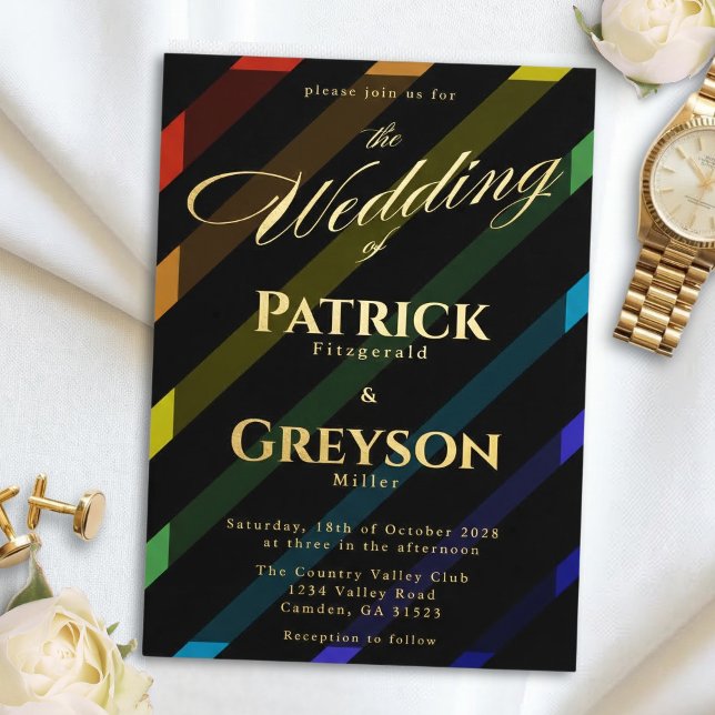 Gay Men Wedding Elegant Rainbow Gold Foil Invitation (Creator Uploaded)