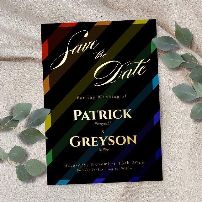 Gay Men Wedding Elegant Rainbow Gold Save-the-Date Foil Invitation (Creator Uploaded)