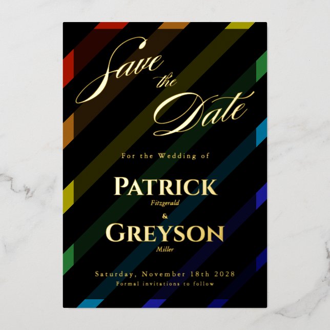 Gay Men Wedding Elegant Rainbow Gold Save-the-Date Foil Invitation (Front)