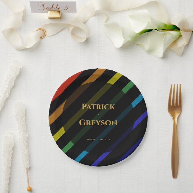Gay Men Wedding Elegant Rainbow Paper Plates (Wedding)