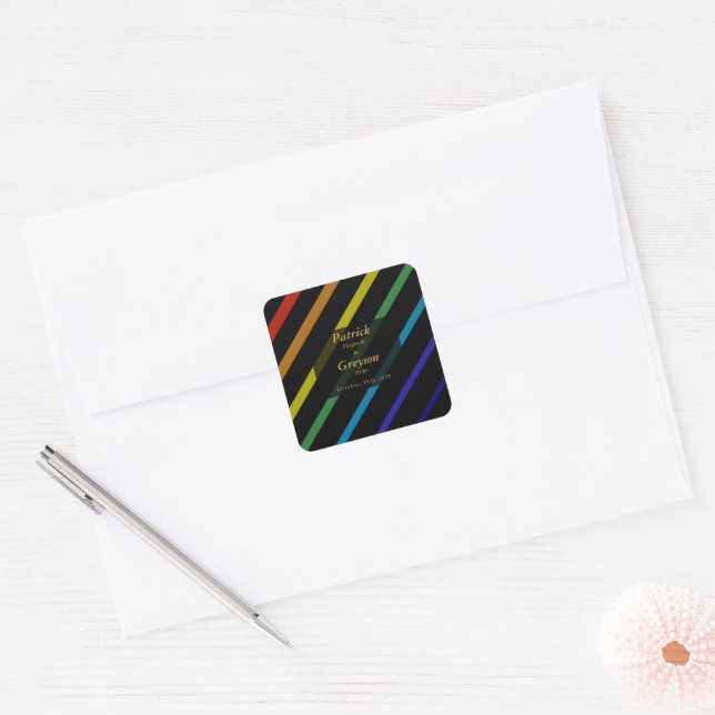 Gay Men Wedding Elegant Rainbow Personalized Square Sticker (Envelope)