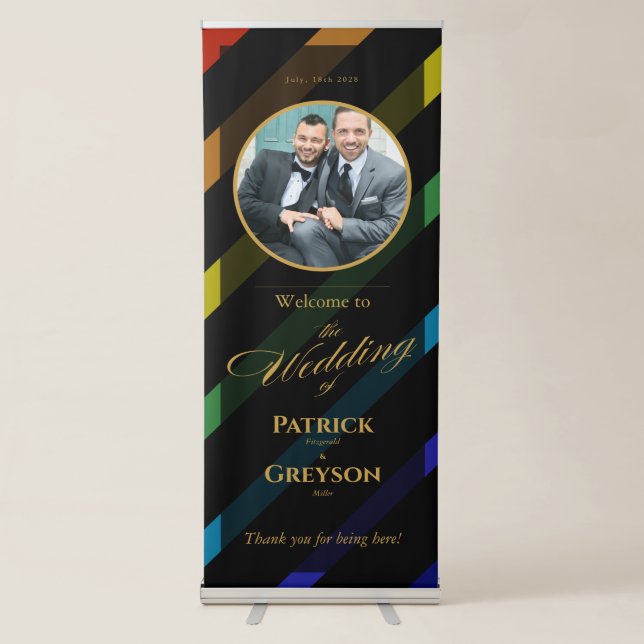 Gay Men Wedding Elegant Rainbow Photo Retractable Banner (Front)