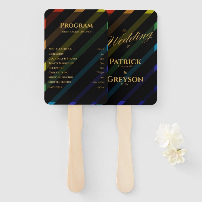 Gay Men Wedding Elegant Rainbow Program Hand Fan (Front and Back)