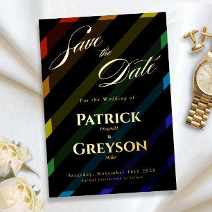 Gay Men Wedding Elegant Rainbow Save-the-Date Gold Foil Invitation