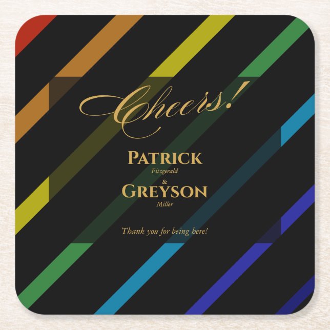 Gay Men Wedding Elegant Rainbow Square Paper Coaster (Front)