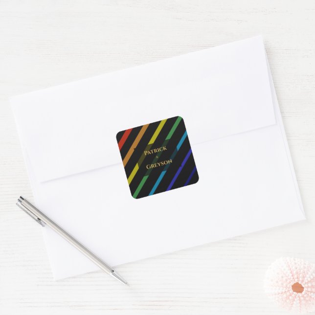 Gay Men Wedding Elegant Rainbow Square Sticker (Envelope)