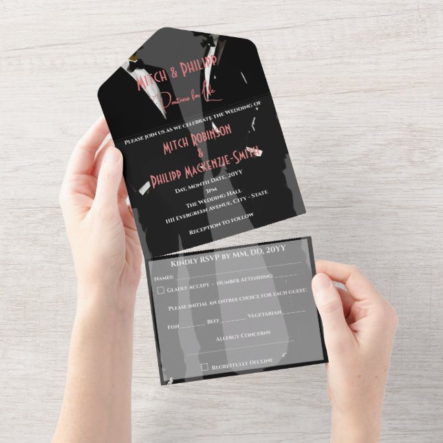 Gay Men Wedding Mr & Mr Tuxedo All In One Invitation (Tearaway)