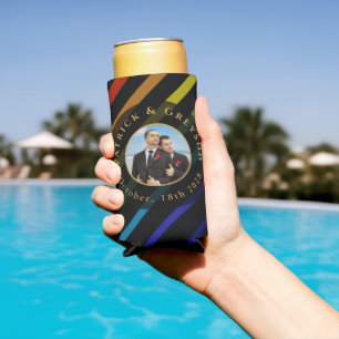 Gay Men Wedding Photo Elegant Rainbow Seltzer Can Cooler