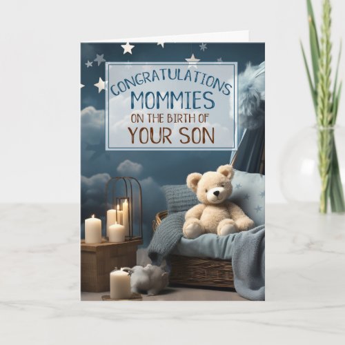 Gay MOMS Blue New Baby Congratulations Card