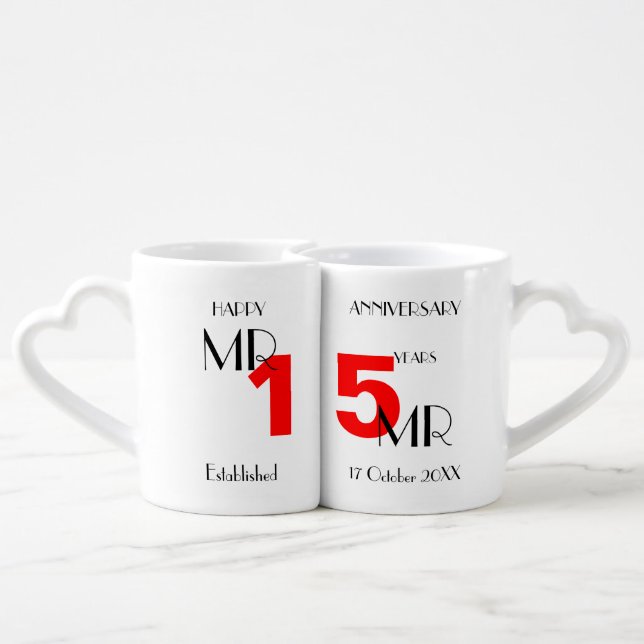 Gay Mr+Mr Anniversary 15 Years Personalized  Coffee Mug Set (Back Nesting)