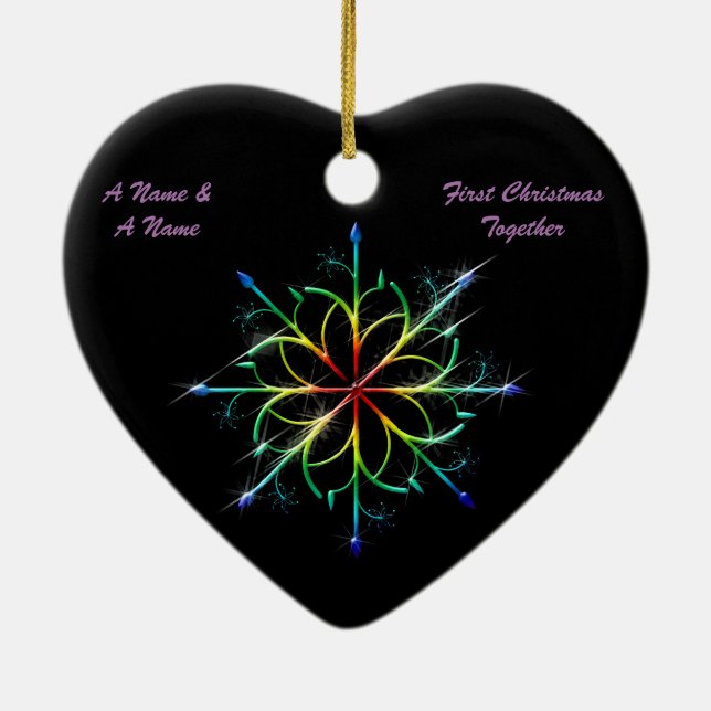 Gay Newly Weds First Christmas Pride Snowflake Ceramic Ornament (Back)