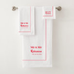Gay Newlyweds Mr & Mr Personalized Large Bath Towel Set<br><div class="desc">Stylish Mr and Mr personalized towel set for the newlywed grooms in a white and red,  with editable script,  name and established wedding date</div>
