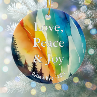 Gay Northern Lights Watercolor Christmas Keepsake Ceramic Ornament