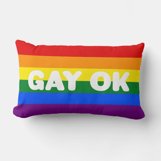GAY OK Big Statement LGBT Gay Pride Rainbow Flag Lumbar Pillow (Front)