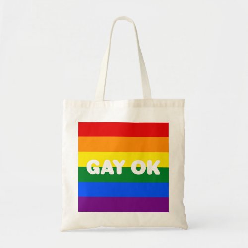 GAY OK Big White Logo LGBT Gay Pride Rainbow Flag Tote Bag