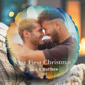 Gay Our First Holidays Photo Northern Lights Round Pillow