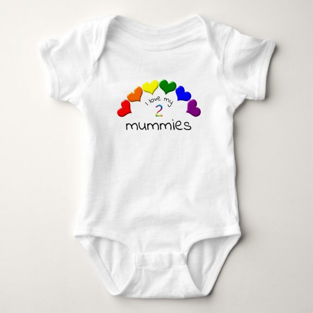 Gay Pride Baby I Love My 2 Mummies Rainbow Hearts  Baby Bodysuit (Front)