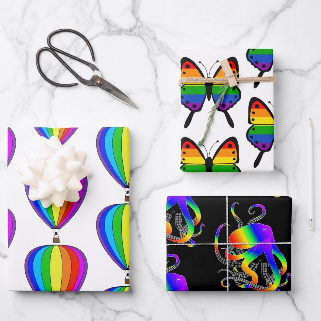 Gay Pride balloon, octopus butterfly rainbow Wrapping Paper Sheets (Front)