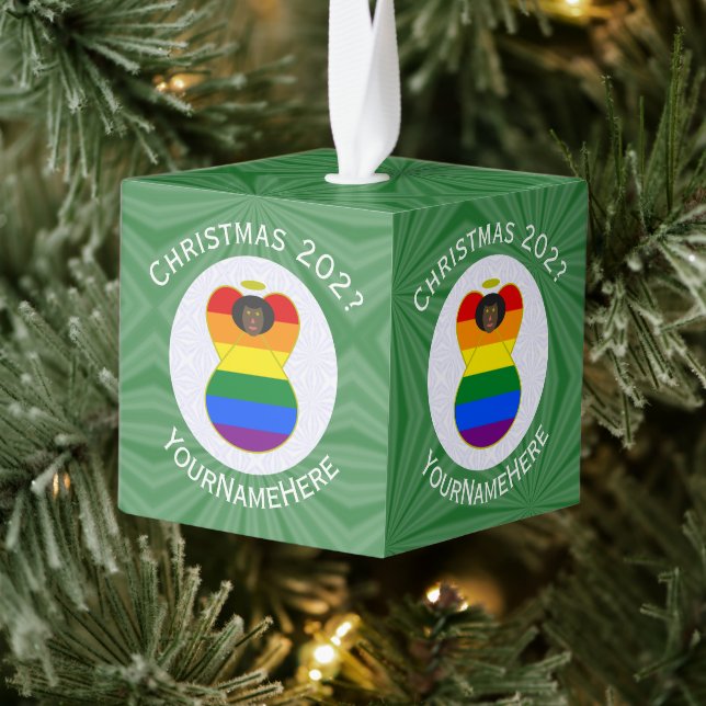 Gay Pride Black Angel Flag Christmas Personalized  Cube Ornament (Tree)