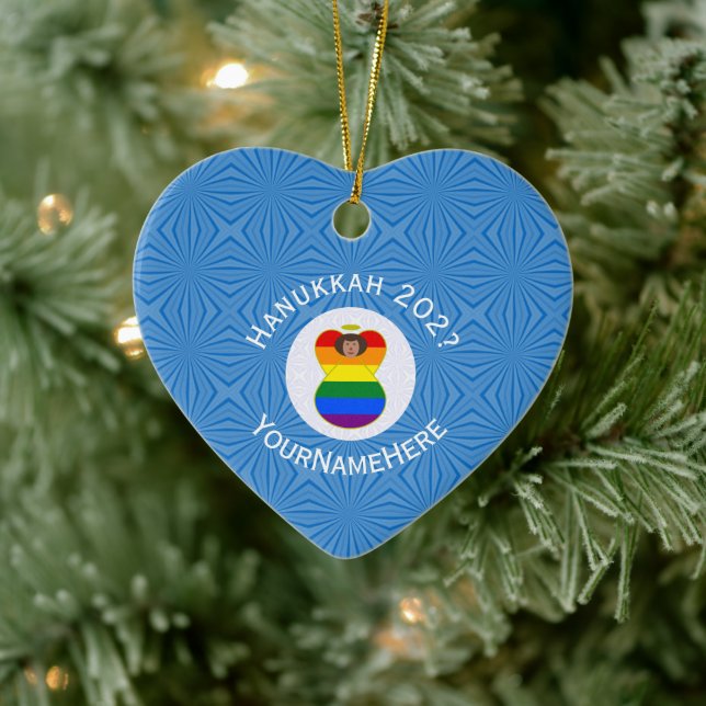 Gay Pride Brown Angel Hanukkah Flag Personalized  Ceramic Ornament (Tree)