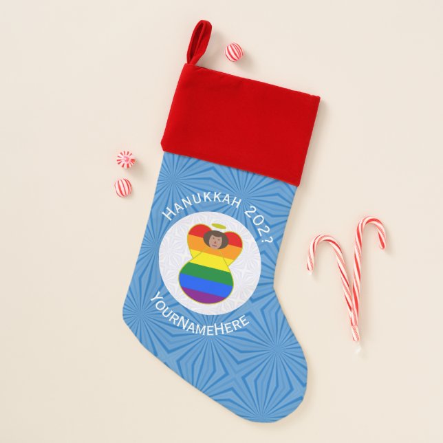 Gay Pride Brown Angel Hanukkah Flag Personalized  Christmas Stocking (Front)