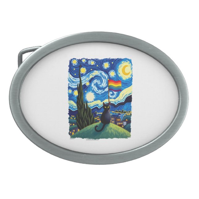 Gay Pride Cat Art Cat Starry Night Style LGBTQ Pri Belt Buckle (Front)