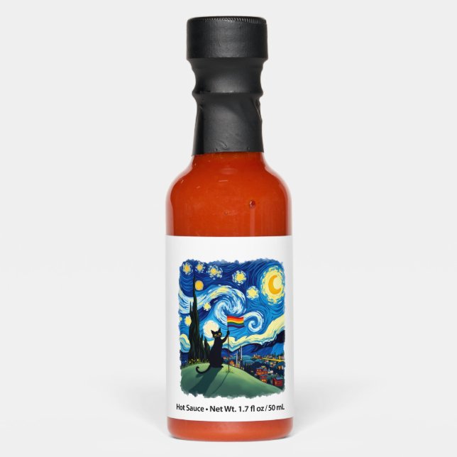 Gay Pride Cat Art Cat Starry Night Style LGBTQ Pri Hot Sauces (Front)
