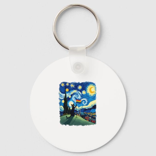 Gay Pride Cat Art Cat Starry Night Style LGBTQ Pri Keychain (Front)