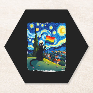 Gay Pride Cat Art Cat Starry Night Style LGBTQ Pri Paper Coaster
