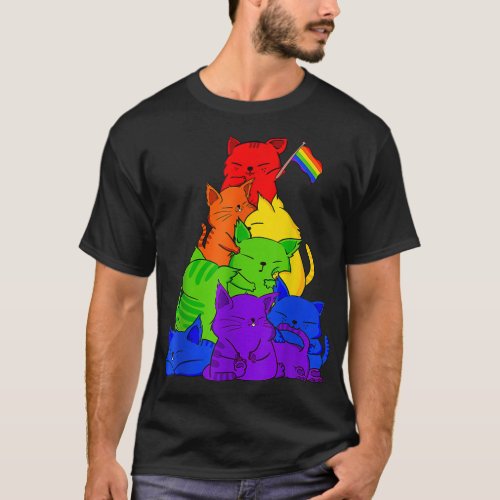 Gay Pride Cat LGBT Cute Cats Pile Kawaii Anime Rai T_Shirt