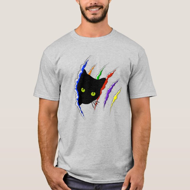 Gay Pride Cat Owner Rainbow Torn T-Shirt (Front)