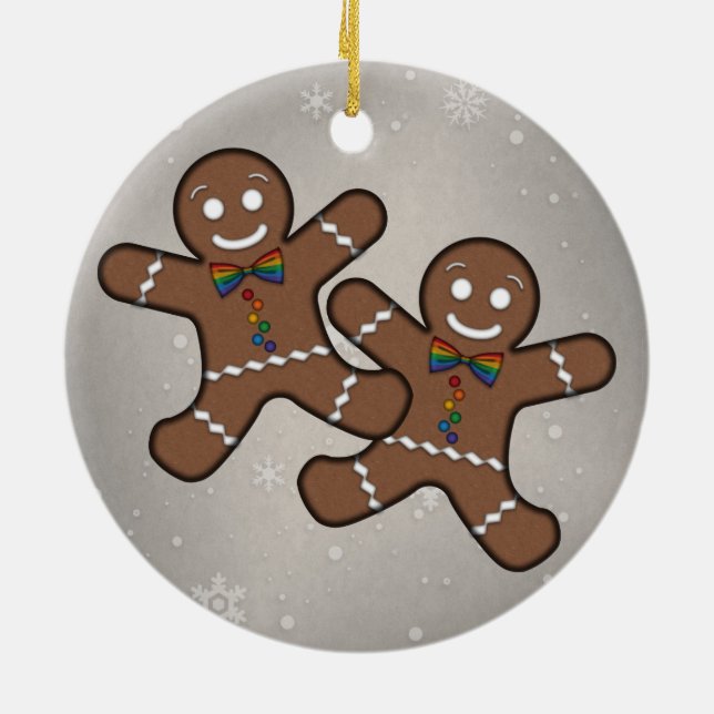 Gay Pride Christmas Gingerbread Men Couple Ceramic Ornament (Back)