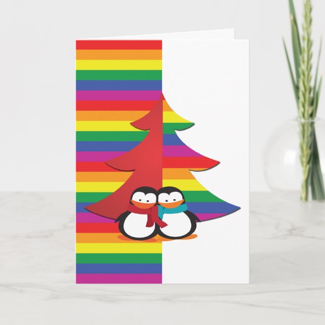 Gay Pride Christmas Tree With Penguin Couple Holiday Card (Front)
