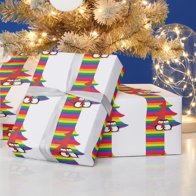 Gay Pride Christmas Tree With Penguin Couple Wrapping Paper (Holidays)