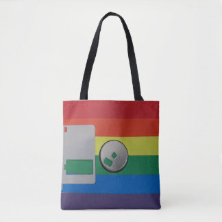 gay pride color patterns on retro floppy disk tote bag