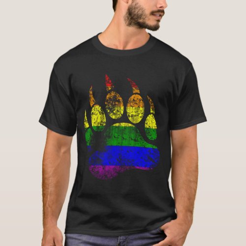 Gay Pride Colors Distressed Bear Paw Rainbow Flag T_Shirt