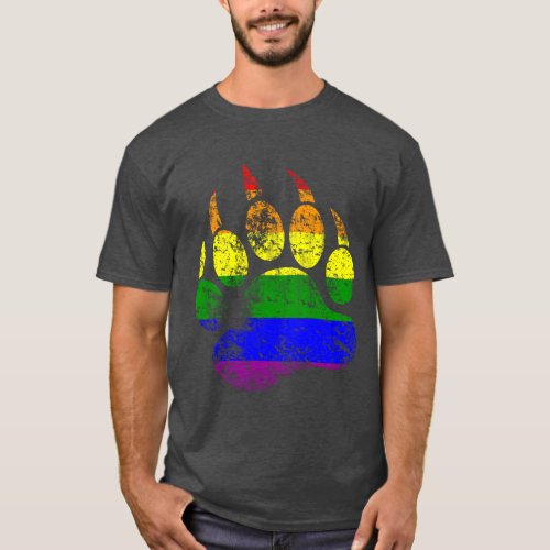Gay Pride Colors Distressed Bear Paw Rainbow Flag T_Shirt