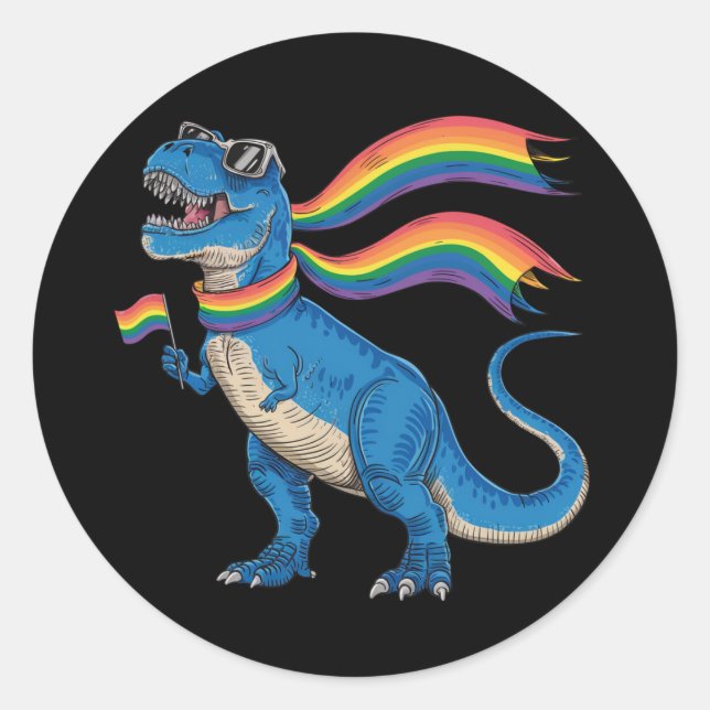 Gay Pride Dino Trex Rainbow Flag Lgbt Ally  Classic Round Sticker (Front)