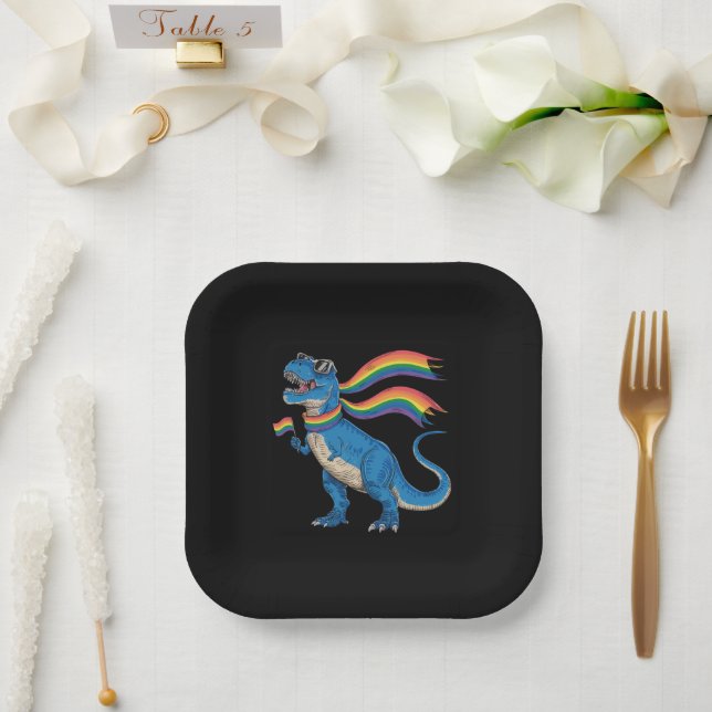 Gay Pride Dino Trex Rainbow Flag Lgbt Ally  Paper Plates (Wedding)