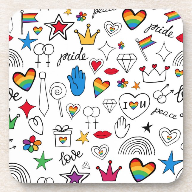 Gay Pride Doodle Pattern Beverage Coaster (Front)