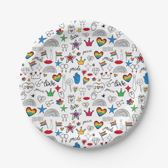Gay Pride Doodle Pattern Paper Plates (Front)