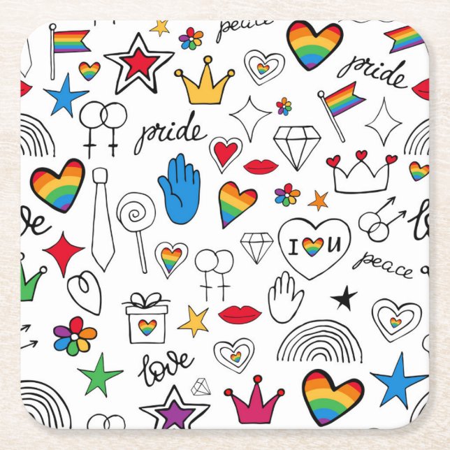 Gay Pride Doodle Pattern Square Paper Coaster (Front)