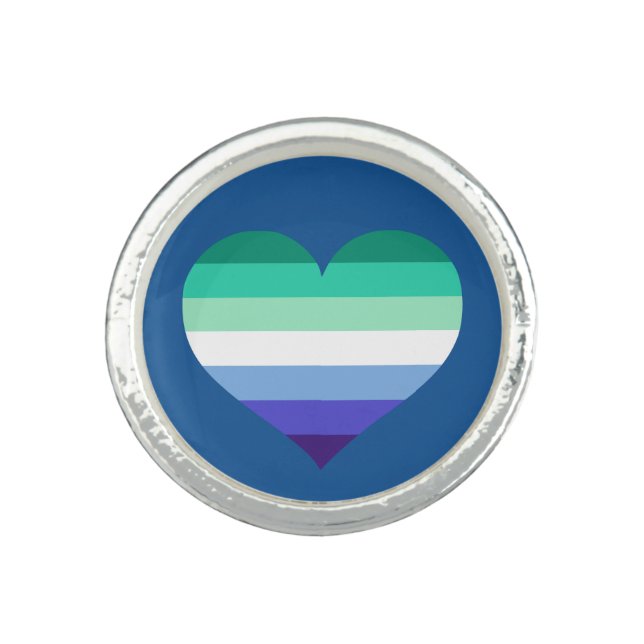 Gay Pride Flag Heart Motif Round Silver Ring (Front)
