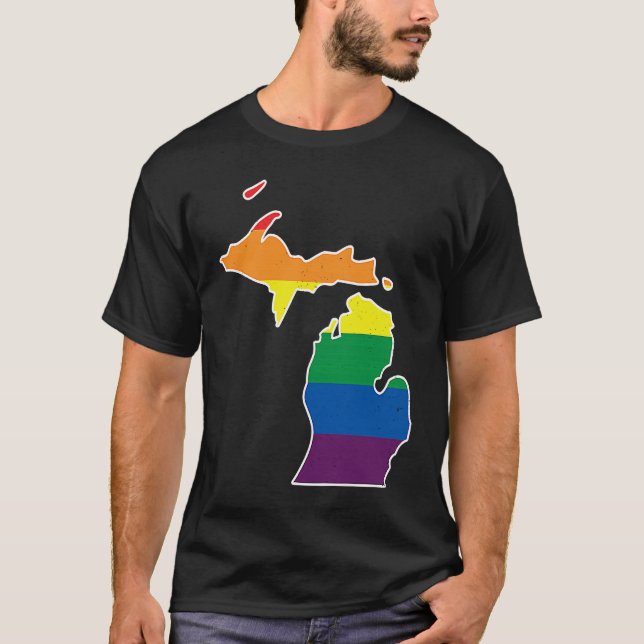 Gay Pride Flag  Michigan State Map  Rainbow Stripe T-Shirt (Front)