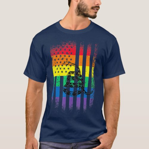 Gay pride flag with Gadsden Flag Snake T_Shirt